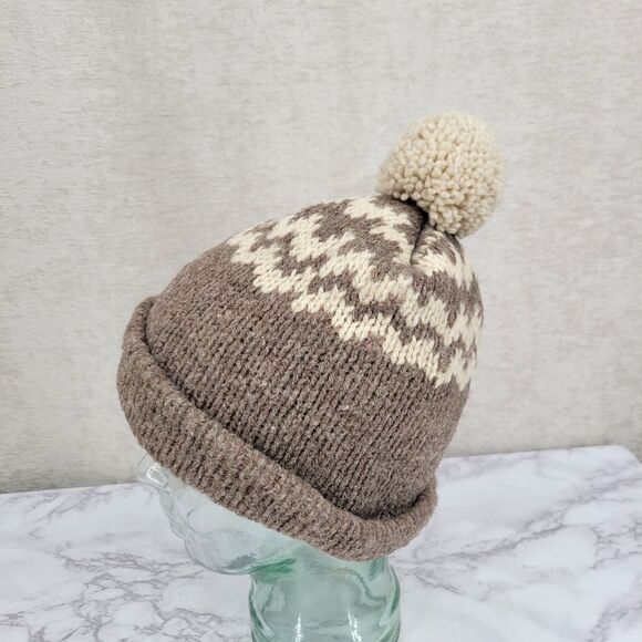 Wigwam Vintage 100% Virgin Wool Toboggan Hat Pompom Beanie Cream Taupe - Picture 7 of 15